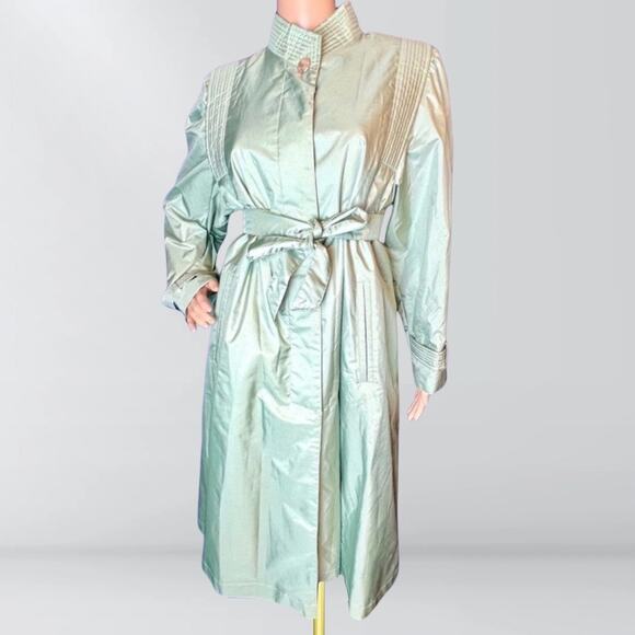 Vintage 1980s Fleetstreet Sage Green Ribbed Panel Futuristic Style Trench Coat - Picture 1 of 5